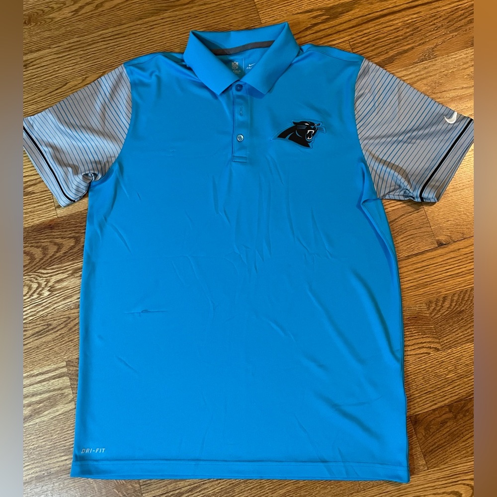Nike Panthers Light Blue Polo with Gray Striped Sleeves